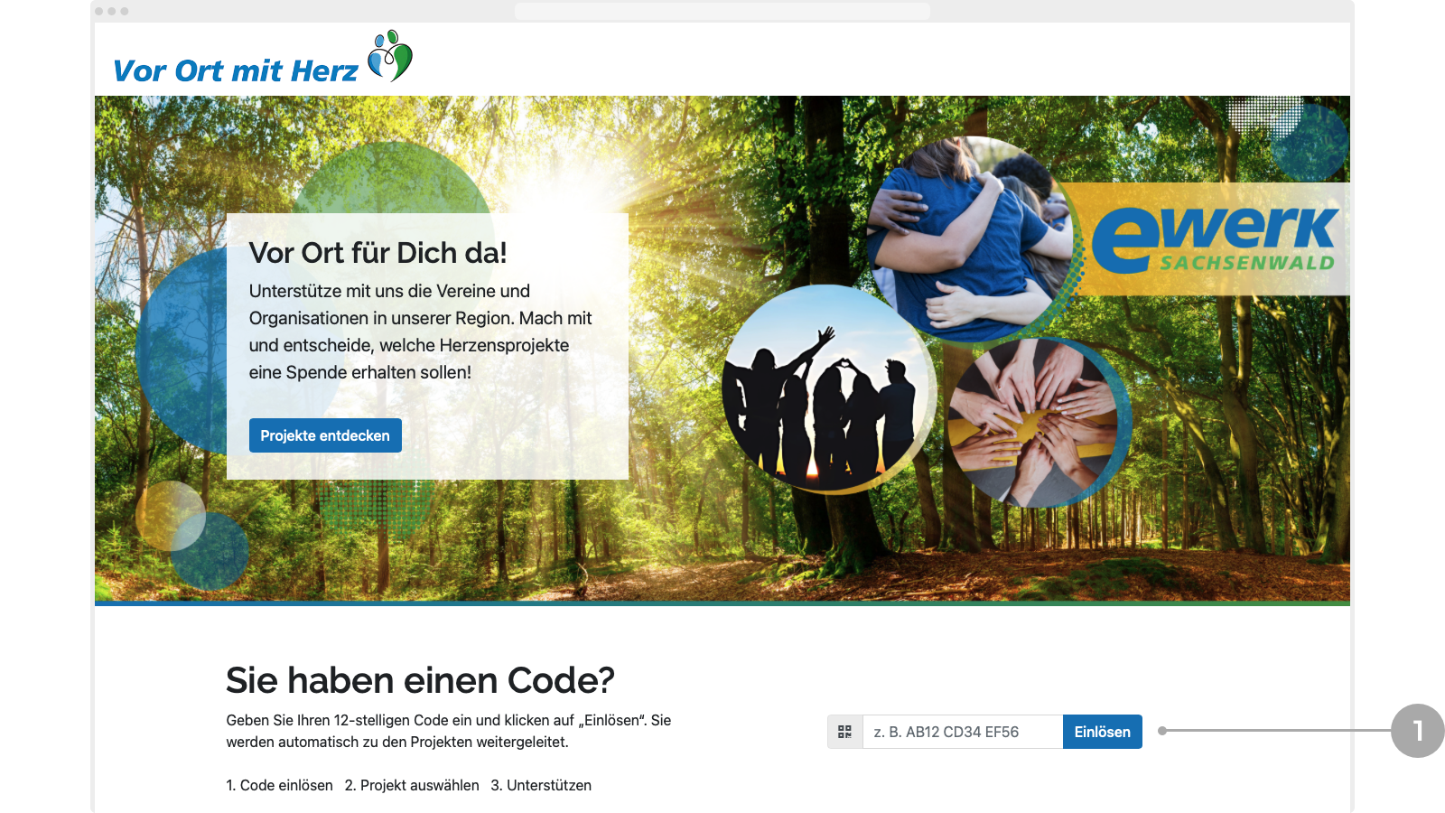 Abbildung: Eingabefeld für den Code auf der Startseite mit 'Einlösen'-Button.